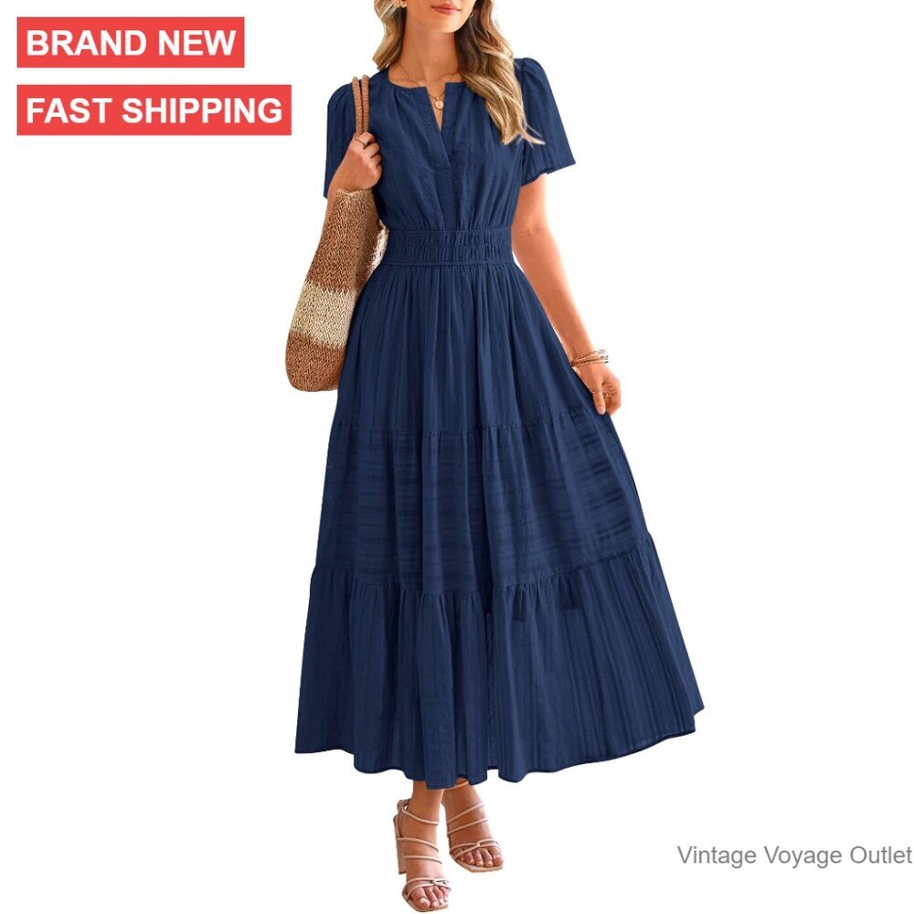 Lightweight Midi Maxi Dress with Pockets, Elastic Waist, V Neck, Short Sleeve